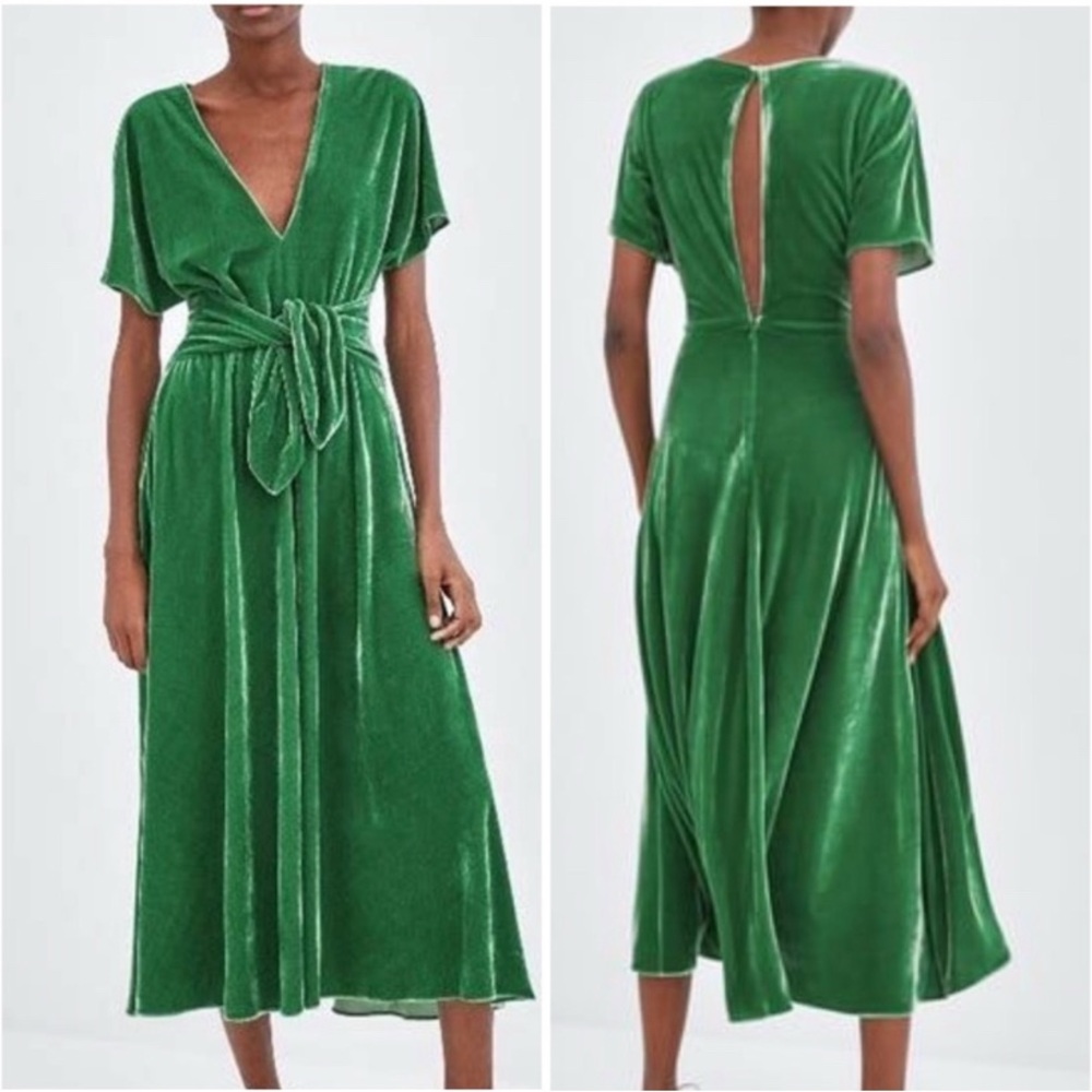 Zara Green Velvet Midi Dress with Bow Tie Waist Detail